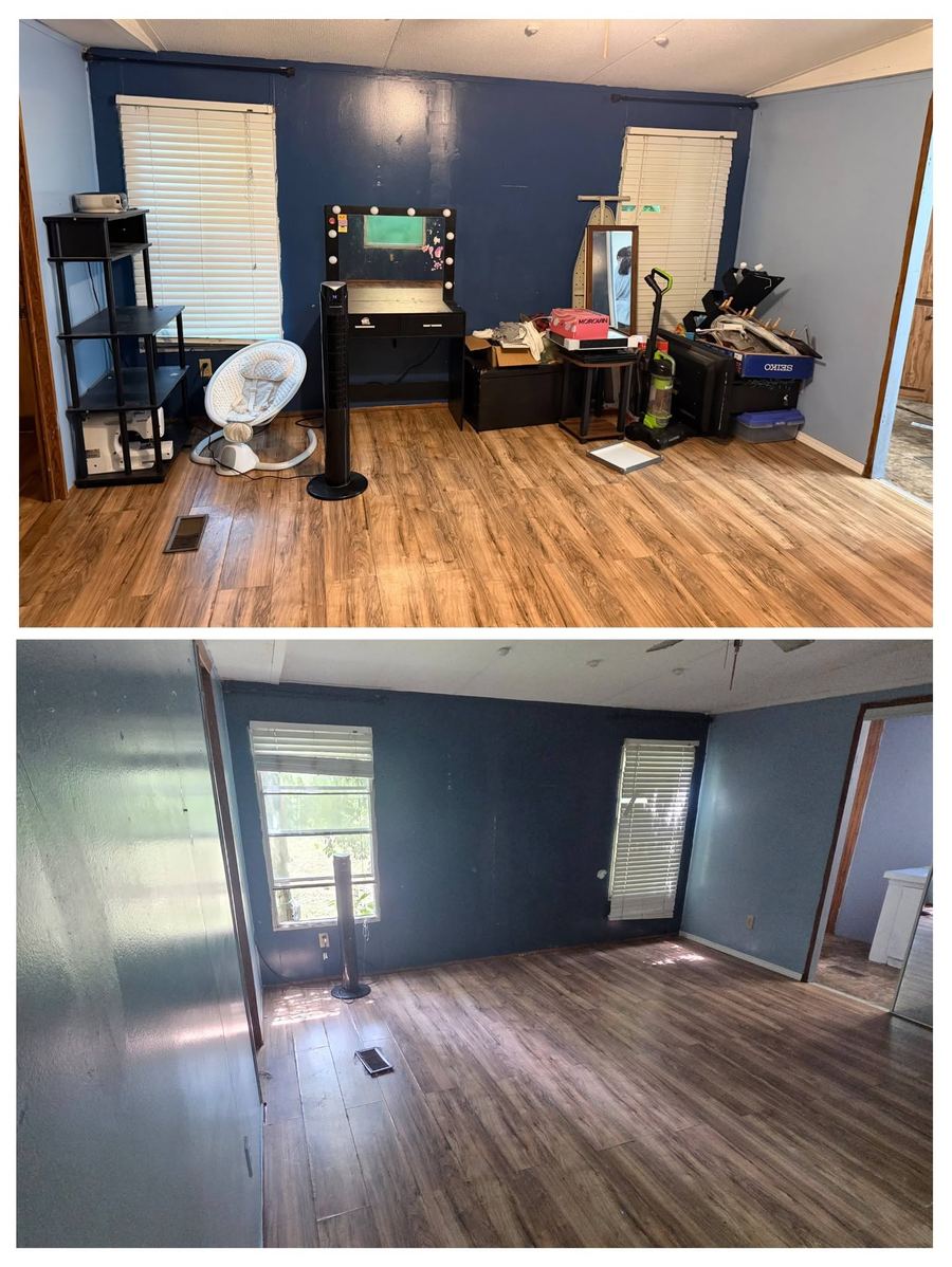 Before and after of a bedroom cleanout: shelving, a vanity and boxes against a blue wall, then the room emptied to bare floor.