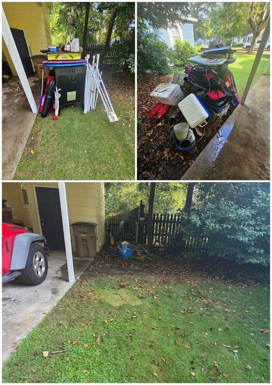 Before and after of a curbside pickup: coolers, pool toys and a stack of poles piled beside a house, then the same spot cleared to bare grass.