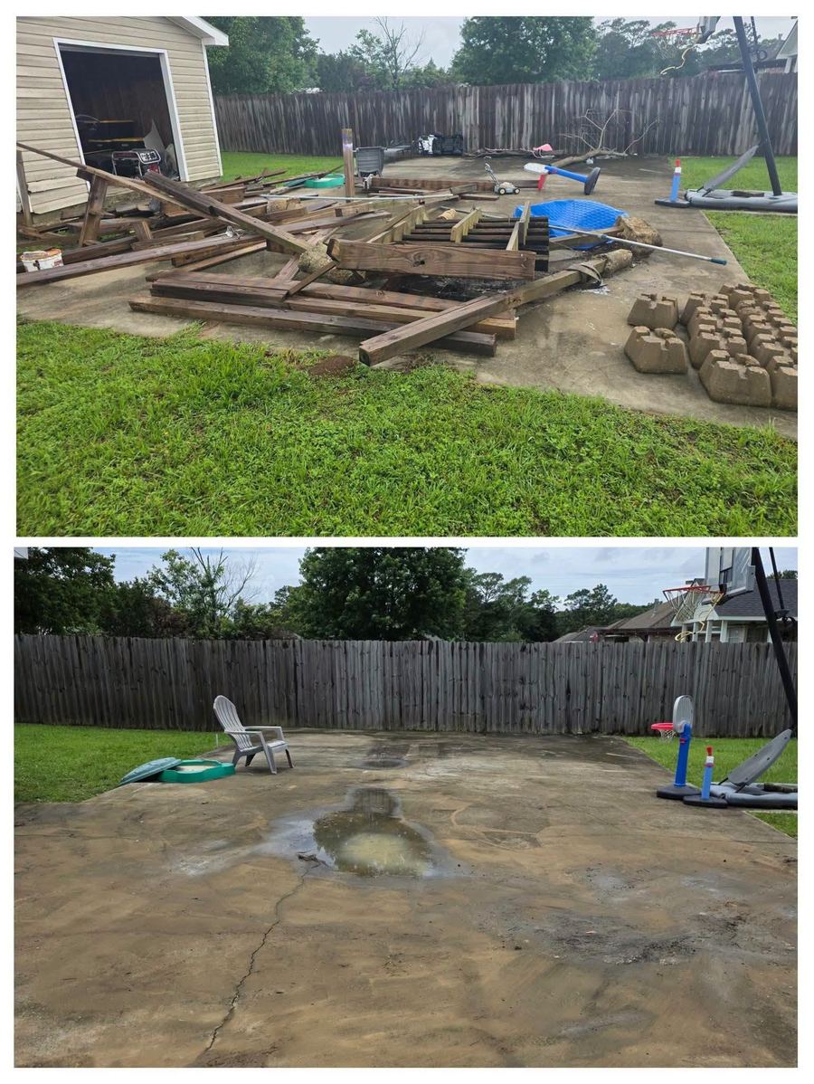 Before and after of a backyard deck demolition: dismantled lumber stacked across a concrete patio, then the patio swept bare.