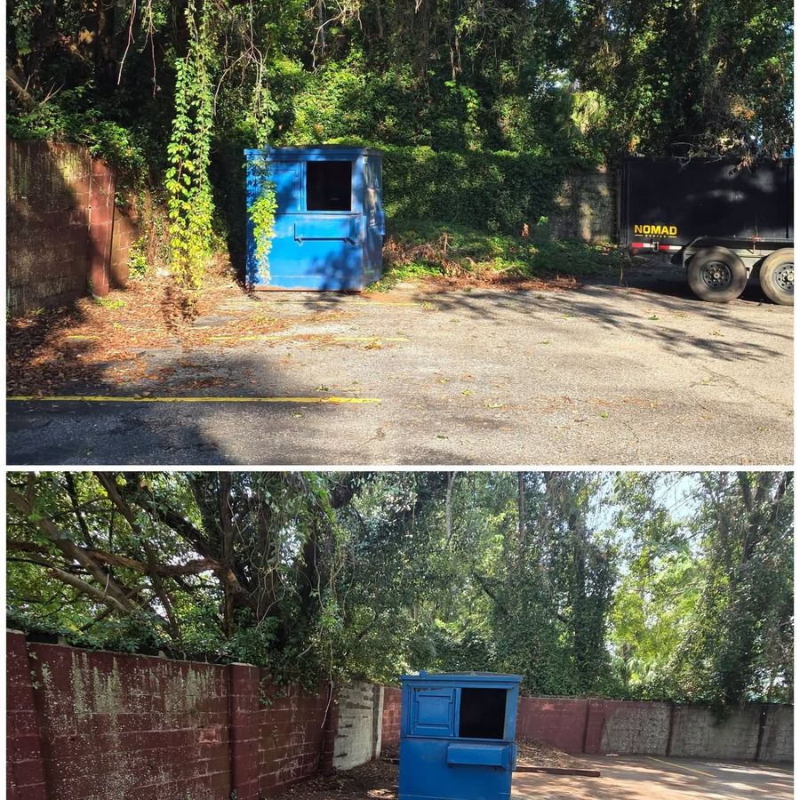 Before and after of a commercial dumpster pad: weeds and debris around a blue dumpster, then a cleared and swept pad.