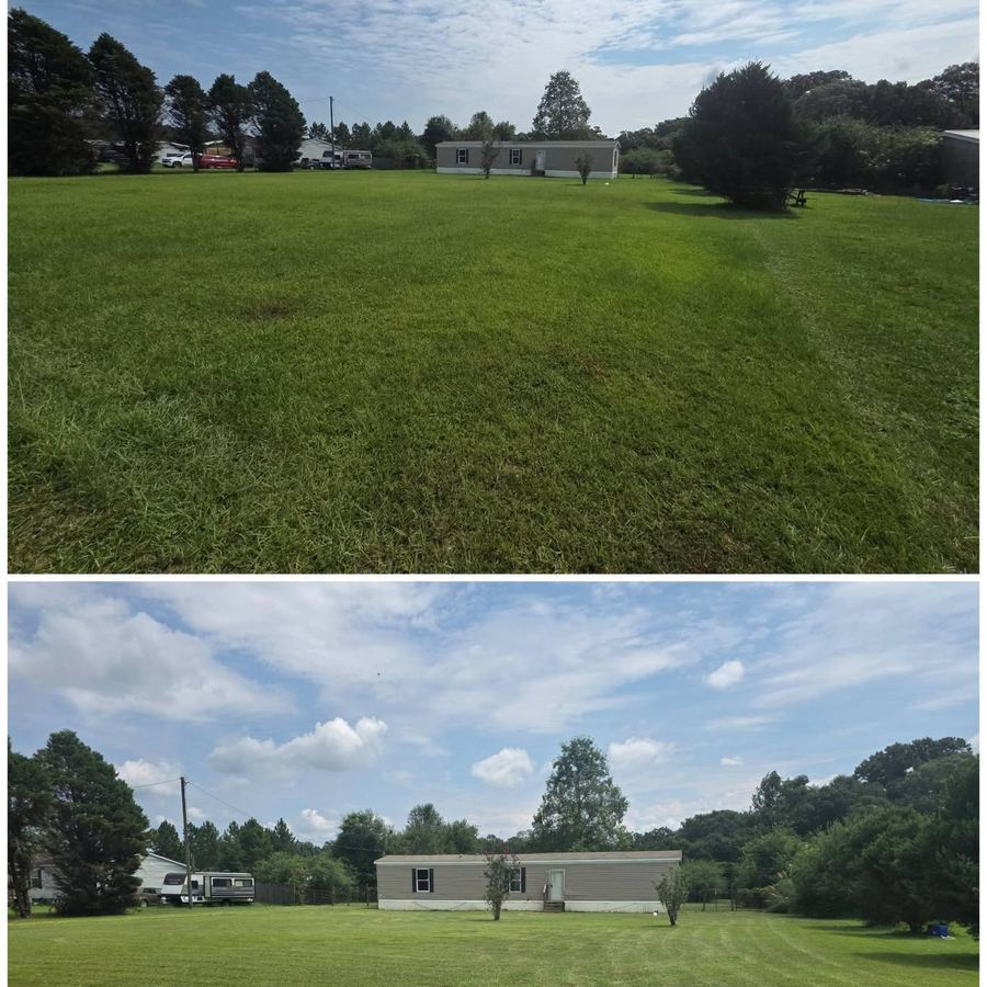 Before and after of a large field lot beside a mobile home, overgrown and then evenly mowed.