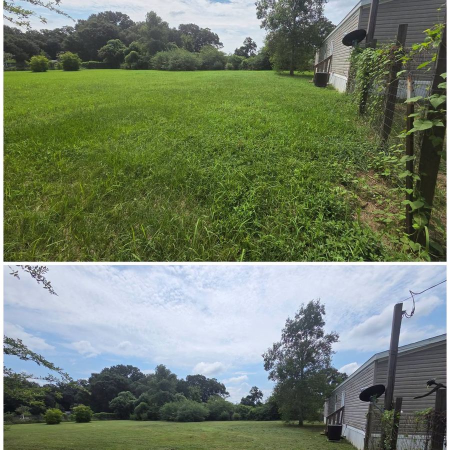 Before and after of an overgrown yard beside a mobile home, then the same yard cut short and even.