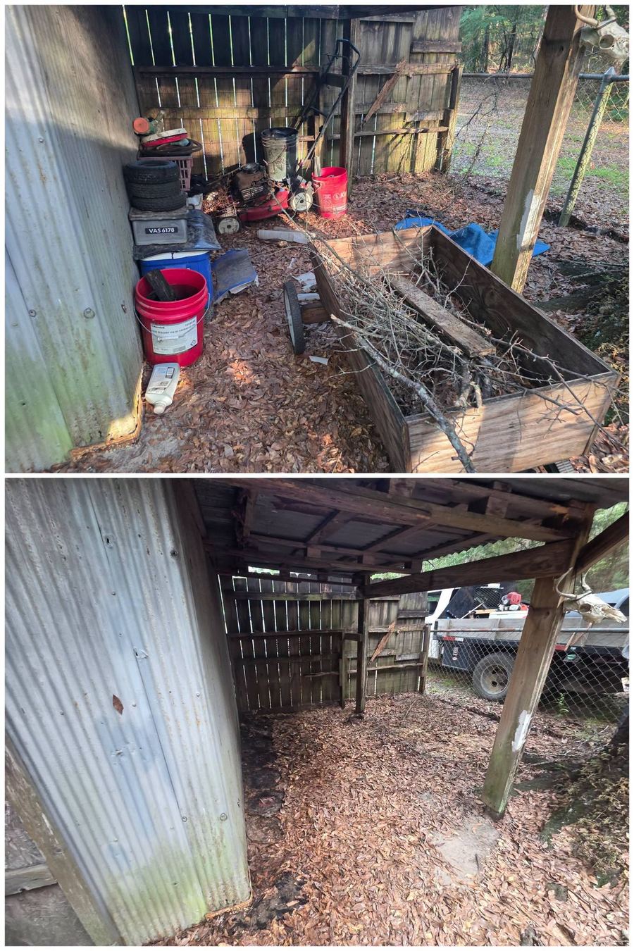 Before and after of a lean-to shelter filled with buckets, tires and a brush-filled planter box, then cleared to bare ground.