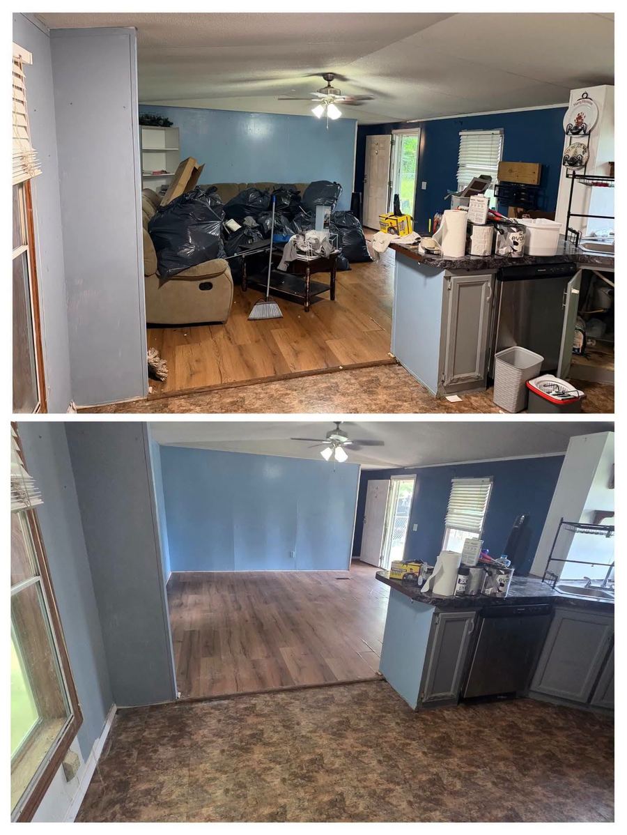 Before and after of a living room cleanout: furniture and stacked trash bags filling the room, then an empty floor.