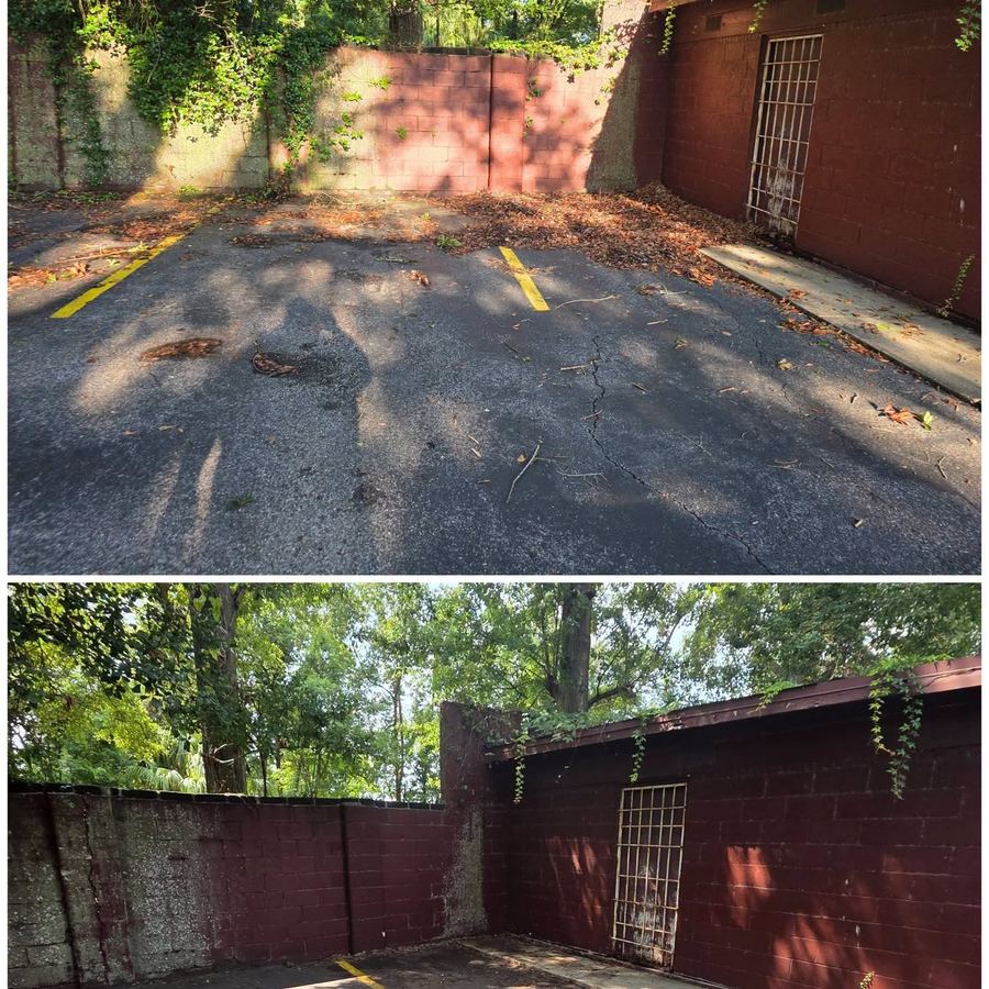 Before and after of a parking lot corner choked with leaves and limbs, then swept clean.