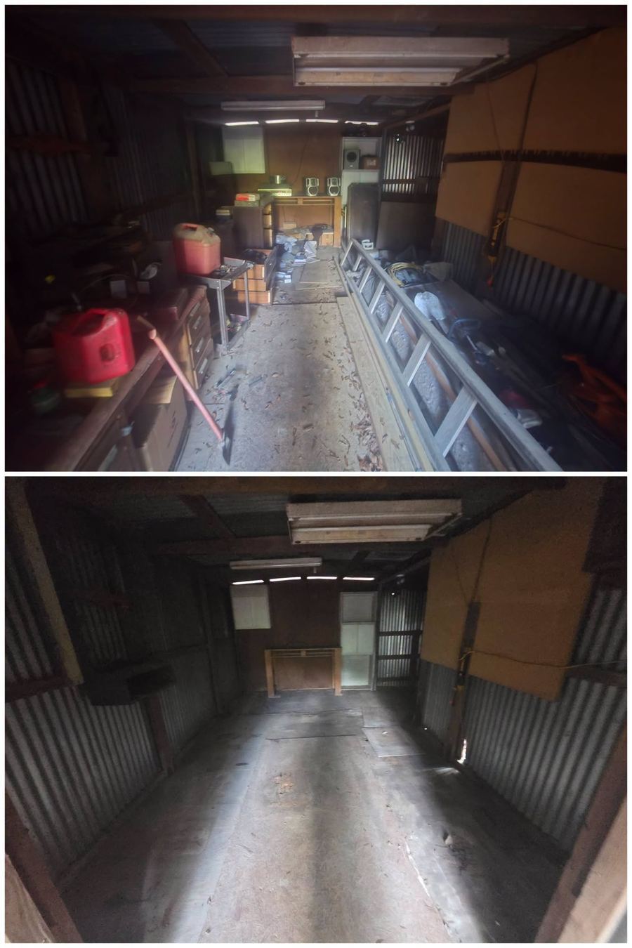 Before and after inside a metal shed: benches buried in tools, fuel cans and lumber, then a clear swept floor.