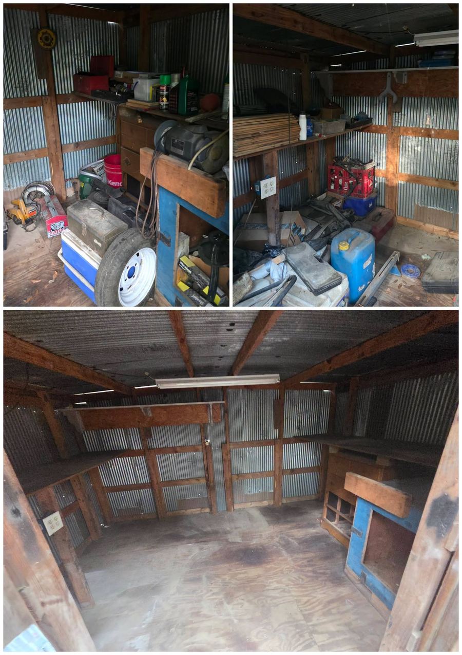 Before and after of a backyard workshop: overgrown and packed with tools and scrap, then cleared with the surrounding brush cut back.