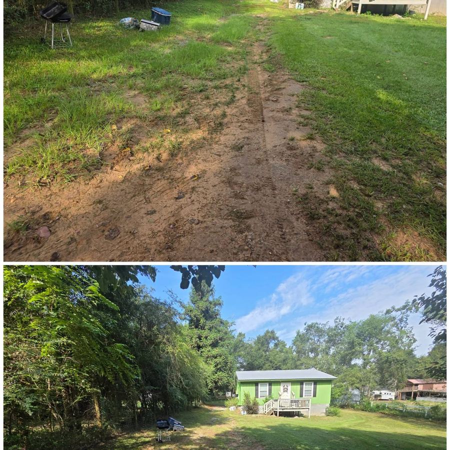Before and after of a rutted muddy yard beside a home, then the same yard graded and grassed over.